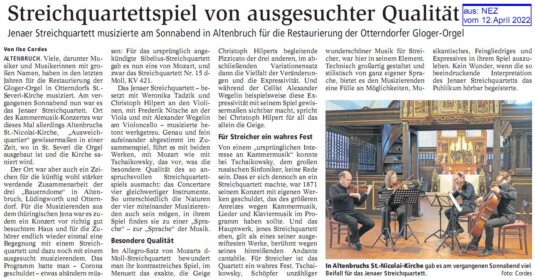 Jenaer Streichquartett musizierte am Sonnabend in Altenbruch für die Restaurierung der Otterndorfer Gloger-Orgel