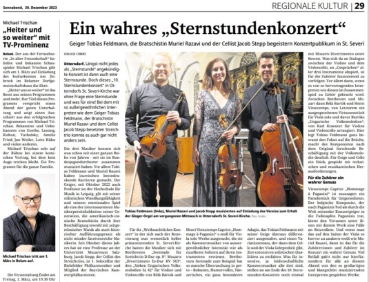 Geiger Tobias Feldmann, die Bratschistin Muriel Razavi und der Cellist Jacob Stepp begeistern Konzertpublikum in St. Severi