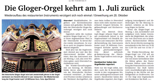 Rückkehr der Orgel in die St. Severi Kirche am 1. Juli 2024